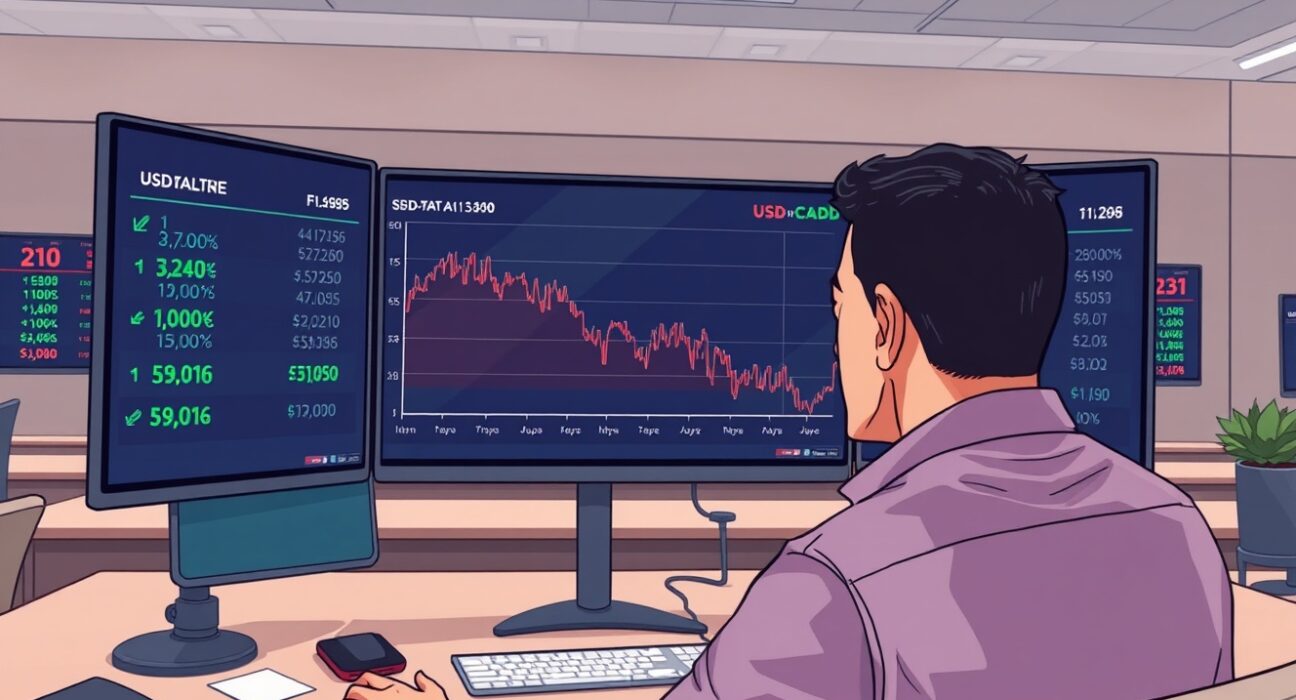 Trader analyzes USD/CAD forex chart as the Canadian Dollar strengthens against the US Dollar.