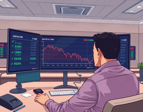 Trader analyzes USD/CAD forex chart as the Canadian Dollar strengthens against the US Dollar.