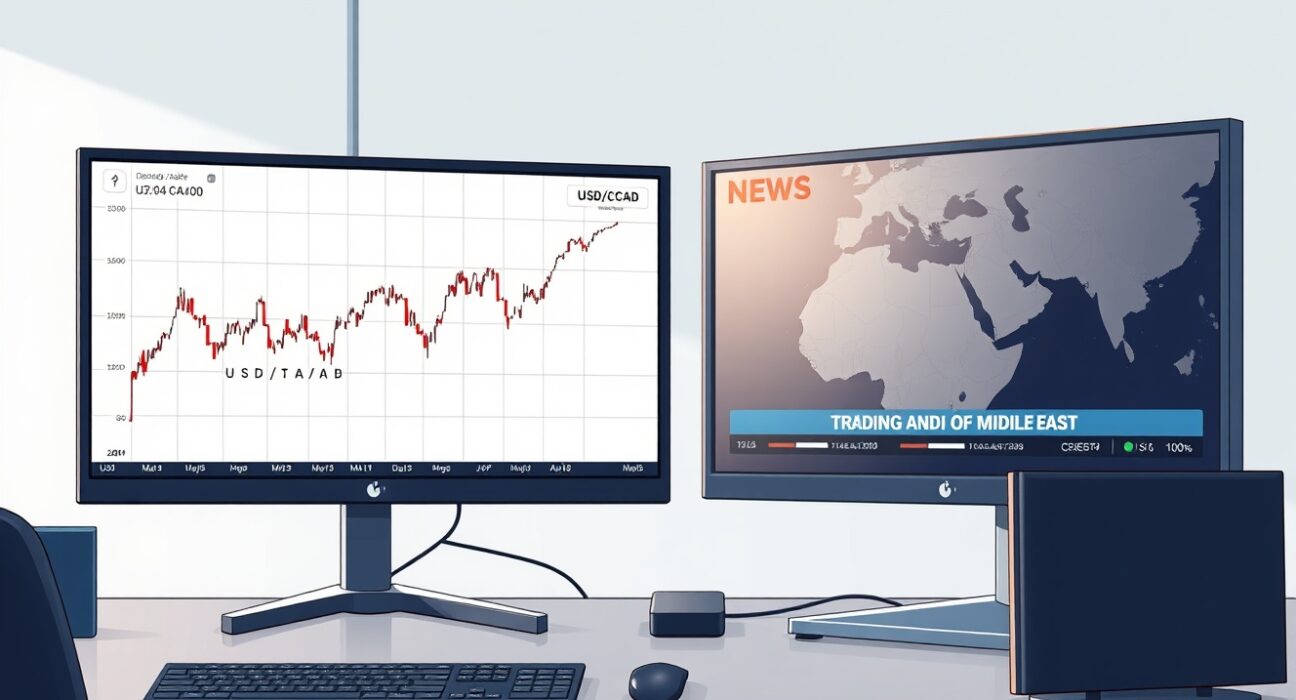 Financial analysis of the USD/CAD exchange rate and Canada inflation data on trading desk monitors.
