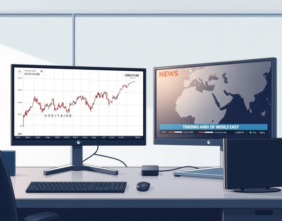 Financial analysis of the USD/CAD exchange rate and Canada inflation data on trading desk monitors.