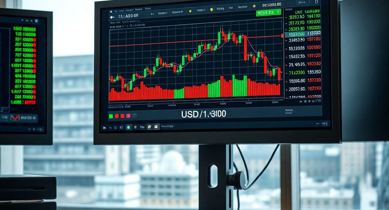 Forex trading monitor displaying USD/CAD chart near 1.3900 level with economic data screens in background.