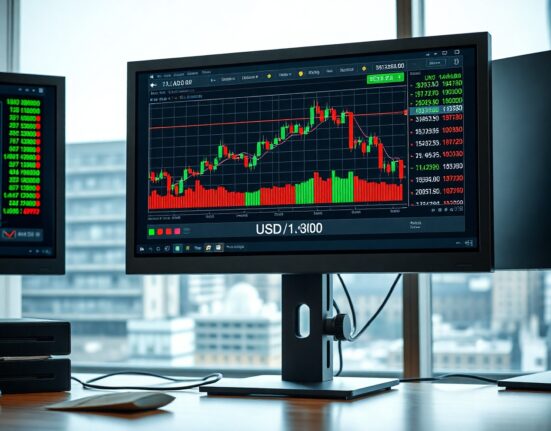 Forex trading monitor displaying USD/CAD chart near 1.3900 level with economic data screens in background.