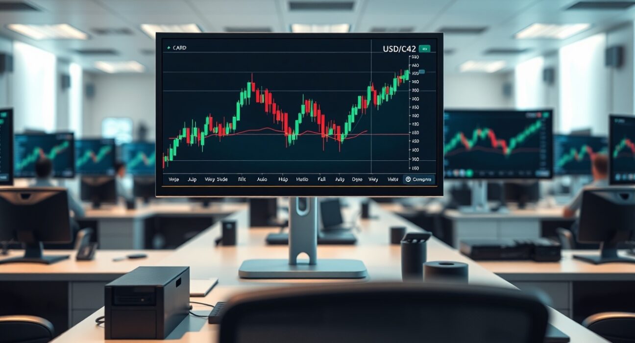 Financial trader monitors showing USD/CAD forex chart in a professional trading office