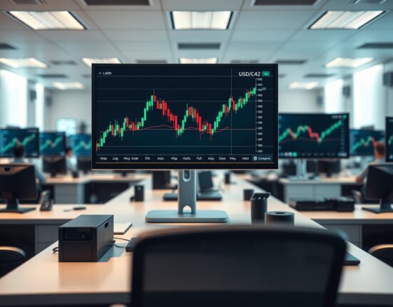 Financial trader monitors showing USD/CAD forex chart in a professional trading office