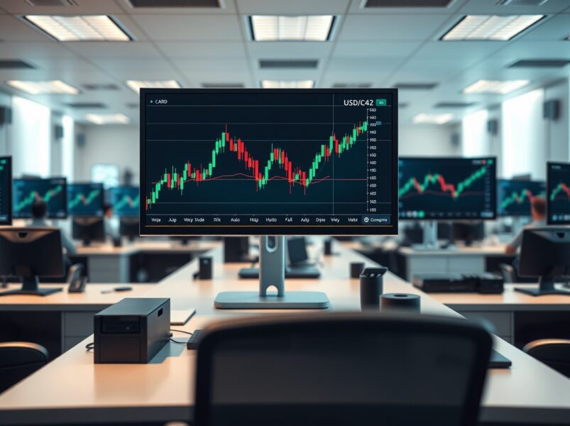 Financial trader monitors showing USD/CAD forex chart in a professional trading office