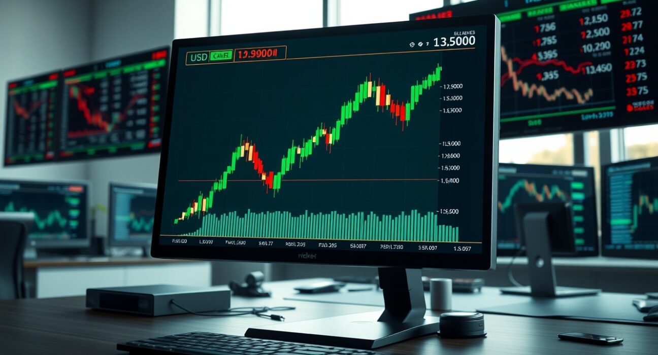 USD/CAD forex chart showing a surge above the 1.3900 level on a trading desk monitor.