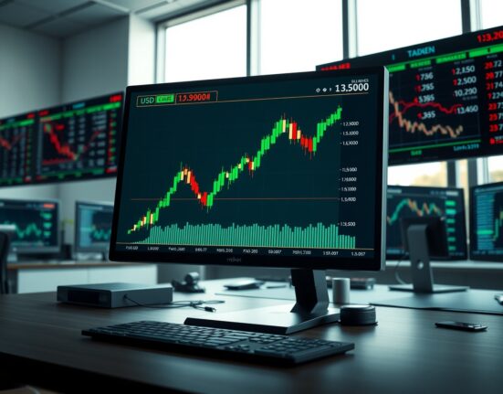 USD/CAD forex chart showing a surge above the 1.3900 level on a trading desk monitor.