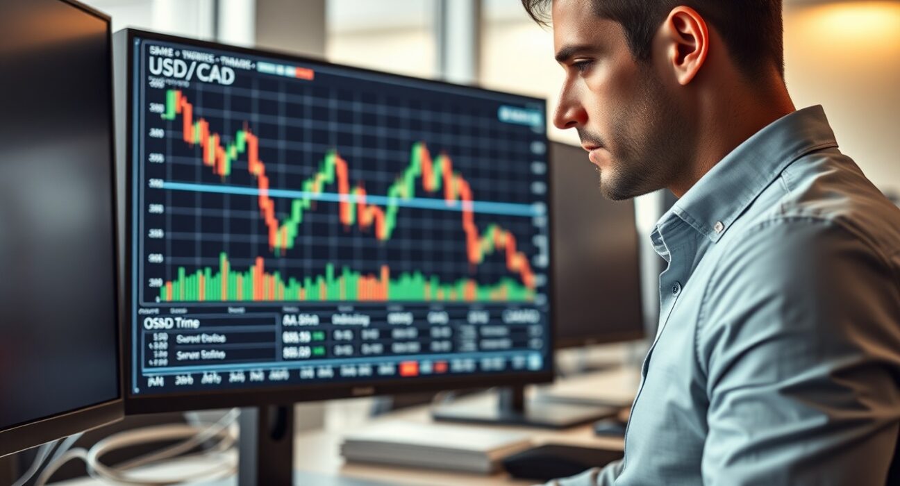 Financial analyst reviewing USD/CAD downtrend chart in modern trading office