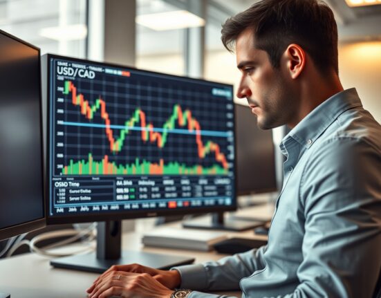 Financial analyst reviewing USD/CAD downtrend chart in modern trading office
