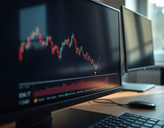 USD/CAD candlestick chart approaching 20-day EMA on trading screen