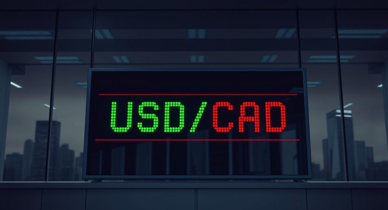 Digital trading board showing USD/CAD exchange rate in a modern financial office