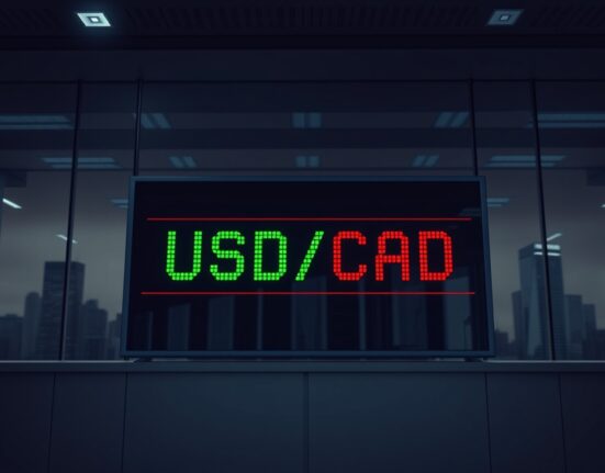 Digital trading board showing USD/CAD exchange rate in a modern financial office
