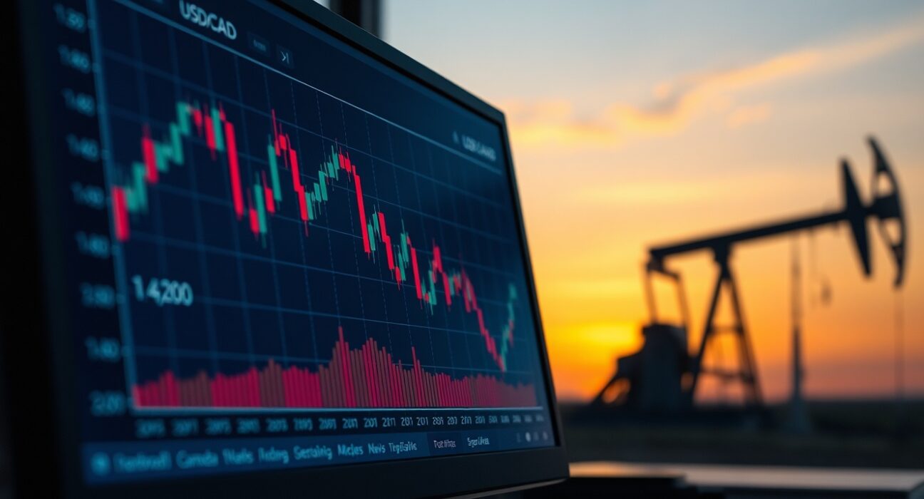 USD/CAD forex chart showing price decline below 1.4200 with oil pumpjack in background