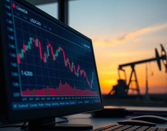 USD/CAD forex chart showing price decline below 1.4200 with oil pumpjack in background