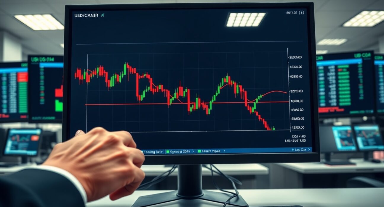 USD/CAD forex chart trending down on a trading desk monitor following US-Iran geopolitical news.
