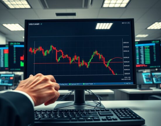 USD/CAD forex chart trending down on a trading desk monitor following US-Iran geopolitical news.