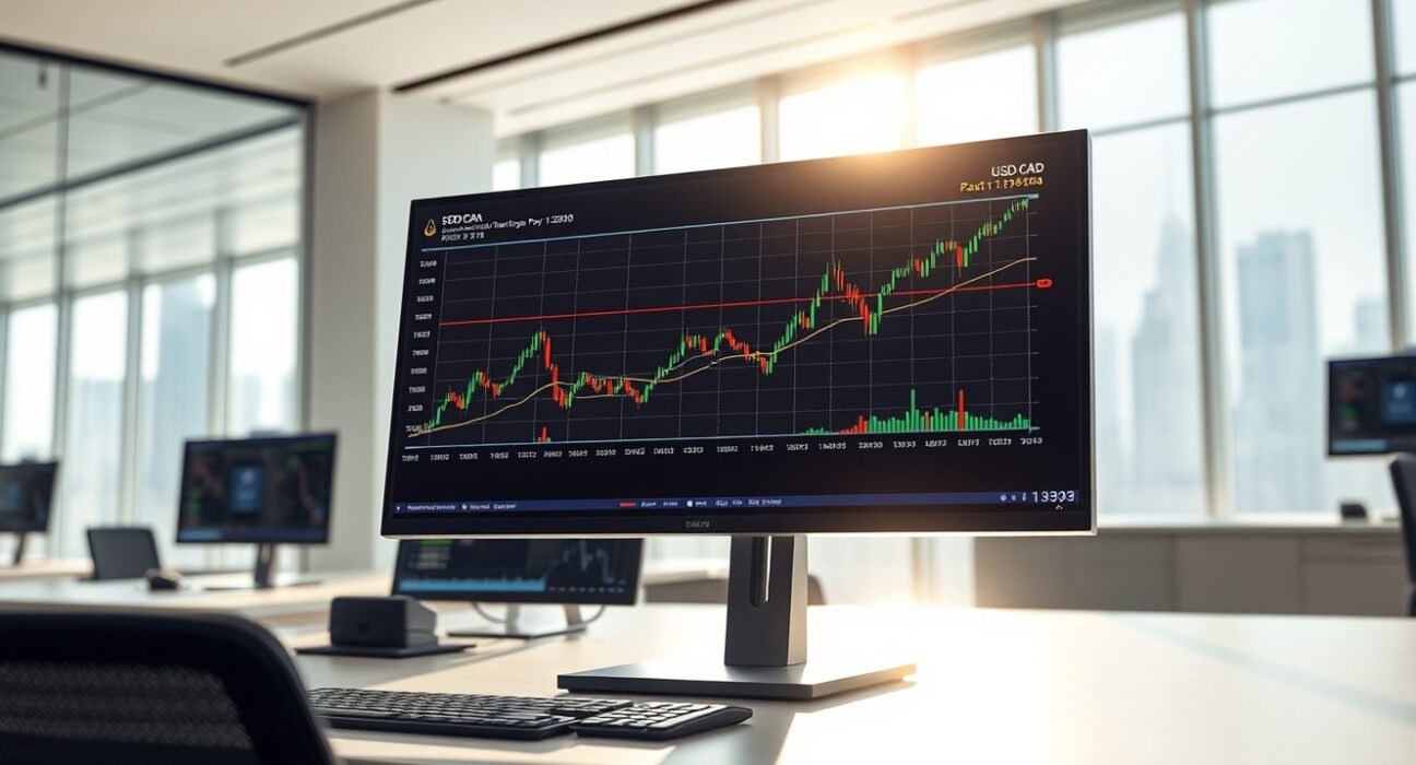 Professional forex trading monitor showing the USD/CAD exchange rate hitting new highs in 2025.