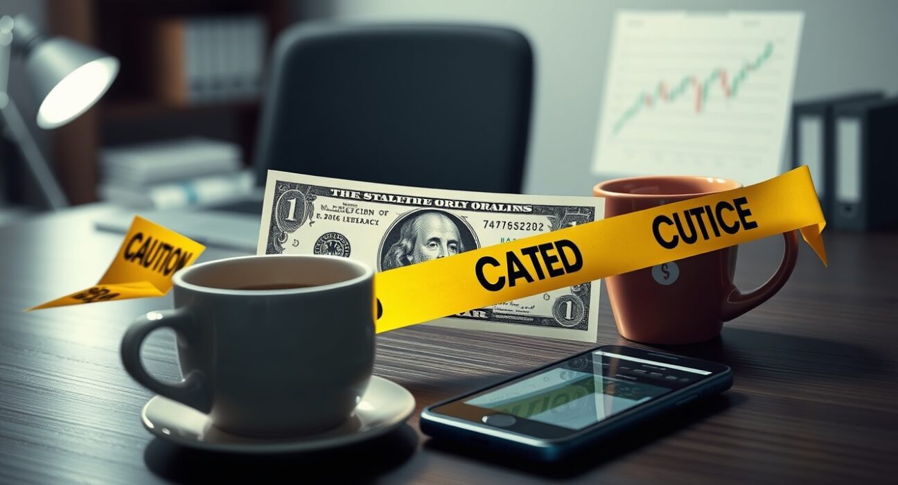 USD cautious tone: US dollar banknote with caution tape on desk, representing dollar weakness and cautious forex market sentiment.