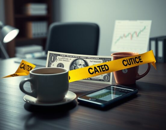 USD cautious tone: US dollar banknote with caution tape on desk, representing dollar weakness and cautious forex market sentiment.