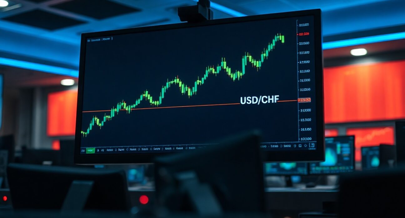 Forex trading monitor showing USD/CHF chart breaking above 0.8100 level