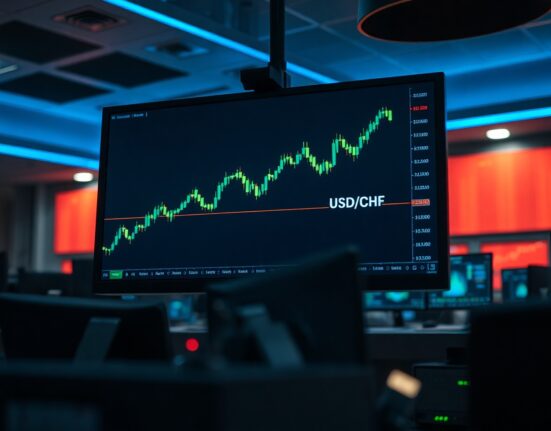 Forex trading monitor showing USD/CHF chart breaking above 0.8100 level