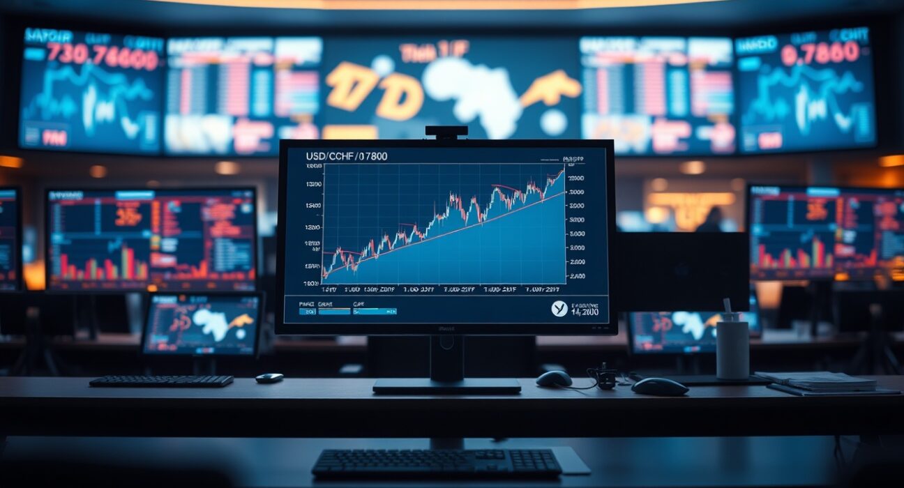 USD/CHF forex chart showing price above 0.7800 on a trading monitor in a dimly lit trading floor, representing risk-off market sentiment.