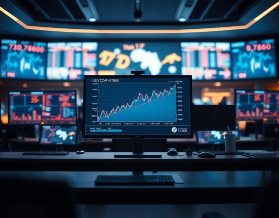 USD/CHF forex chart showing price above 0.7800 on a trading monitor in a dimly lit trading floor, representing risk-off market sentiment.