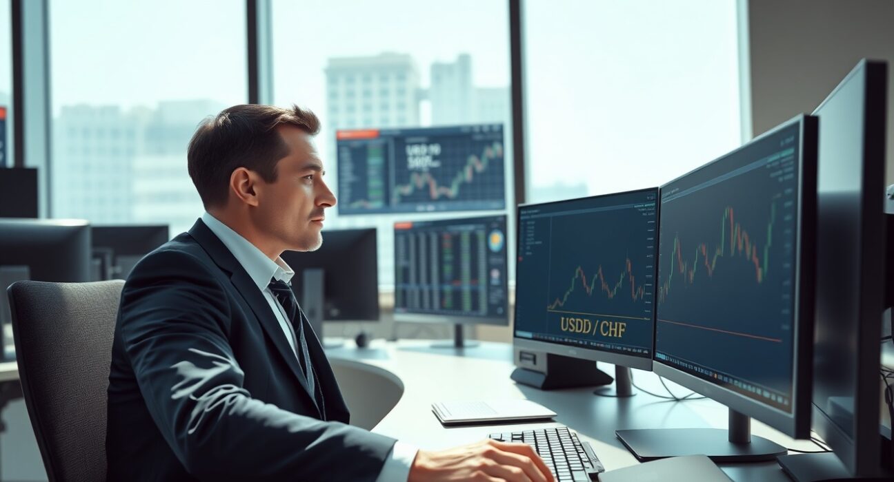 Trader analyzing USD/CHF forex chart as the pair advances on inflation concerns ahead of PCE data.