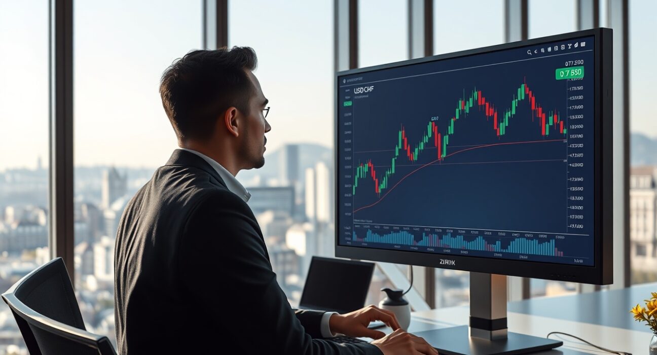 Professional trader in Zurich analyzing the USD/CHF currency pair chart showing price near 0.7850.