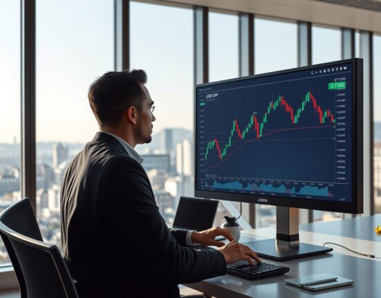 Professional trader in Zurich analyzing the USD/CHF currency pair chart showing price near 0.7850.