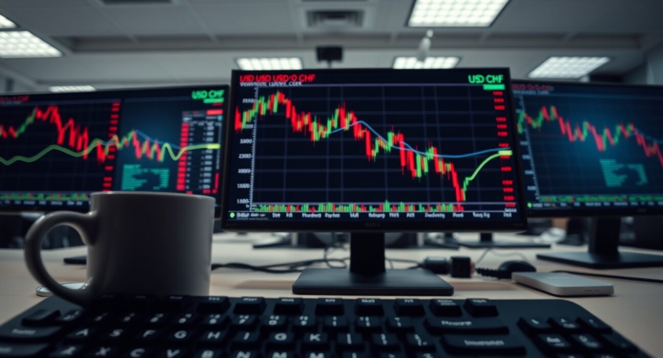 Forex trading monitor showing USD/CHF chart with downward trend amid geopolitical news