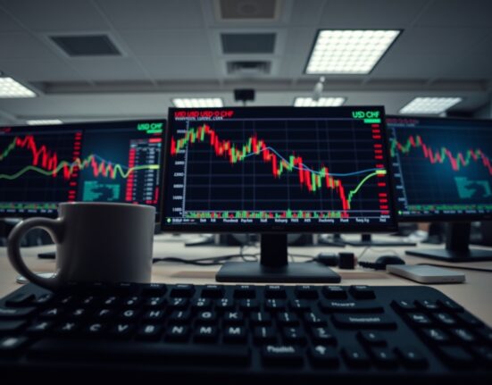 Forex trading monitor showing USD/CHF chart with downward trend amid geopolitical news