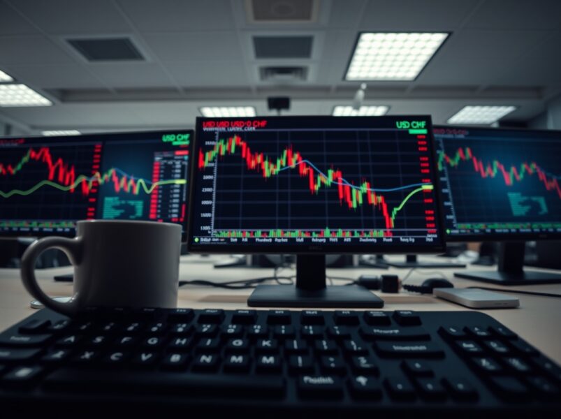 Forex trading monitor showing USD/CHF chart with downward trend amid geopolitical news