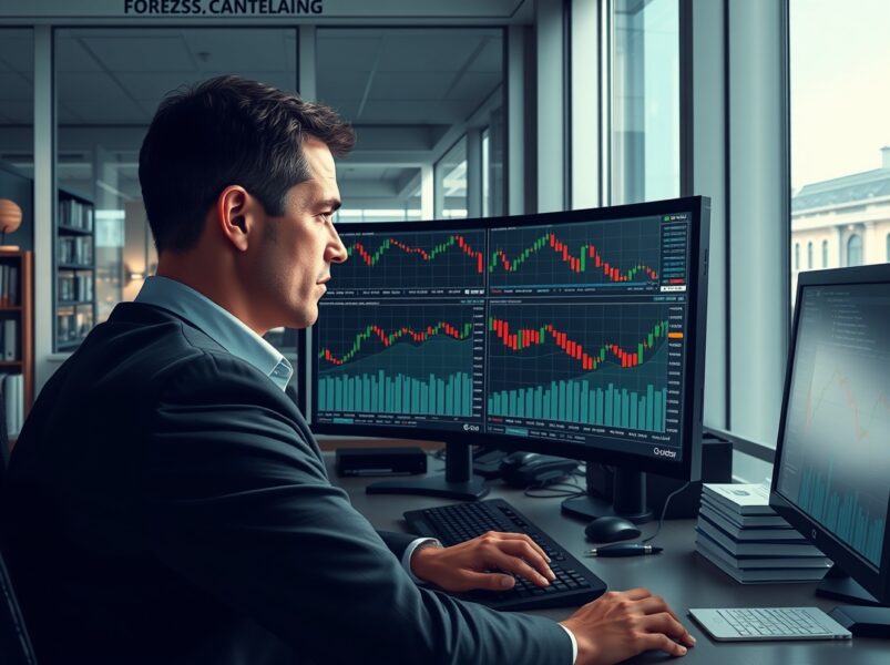 Professional forex trader analyzing USD/CHF breakdown below 0.7800 on trading terminal in Zurich financial district.