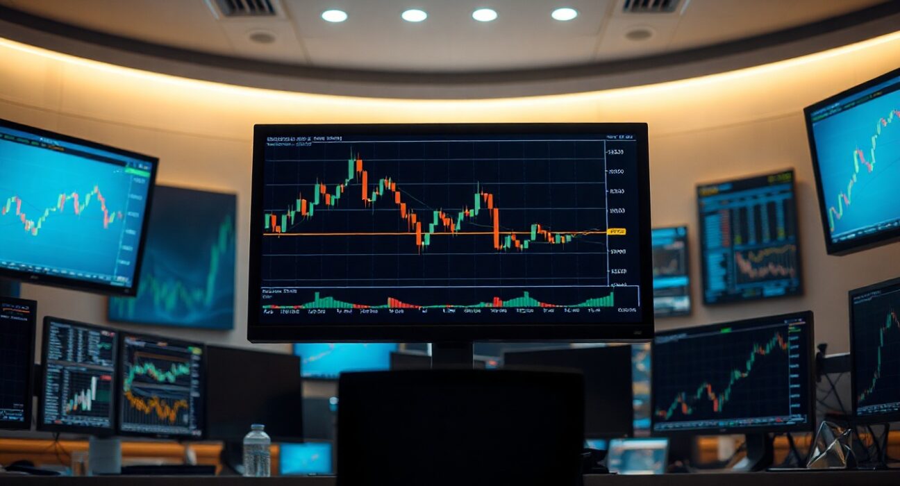 Financial trading monitors displaying USD/CHF candlestick chart with bullish piercing pattern