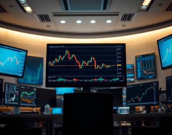 Financial trading monitors displaying USD/CHF candlestick chart with bullish piercing pattern