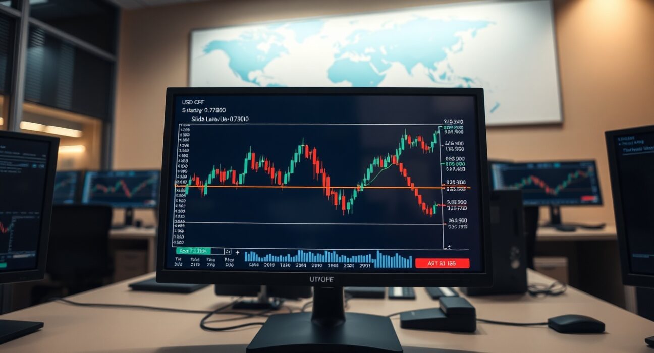 Forex trading screen showing USD/CHF chart consolidating below 0.7900 level