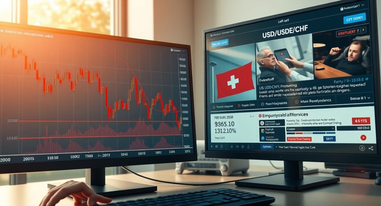 USD/CHF currency chart showing decline amid US job market data and geopolitical news