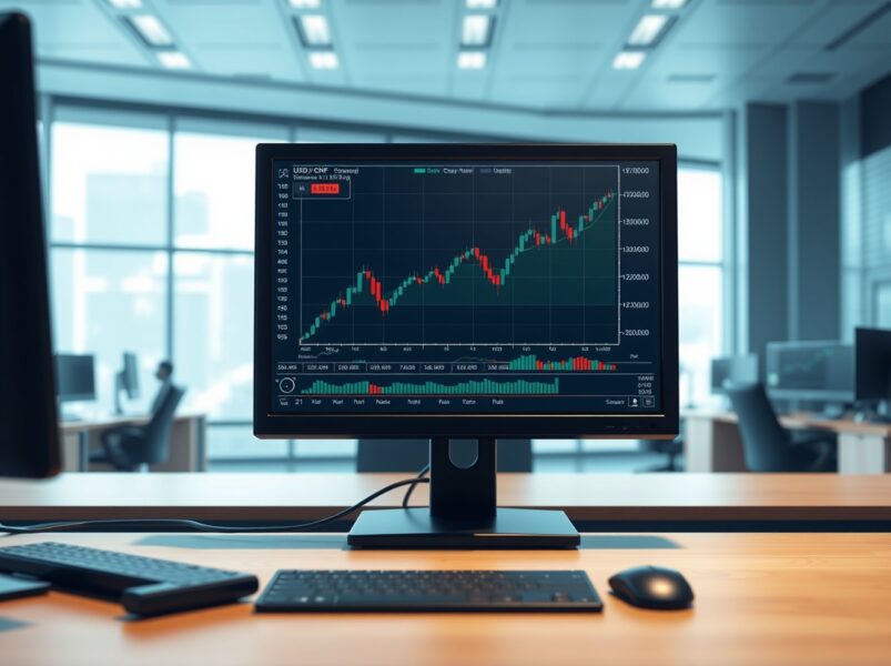Professional forex trading chart showing the USD/CHF pair rising during US Dollar recovery.
