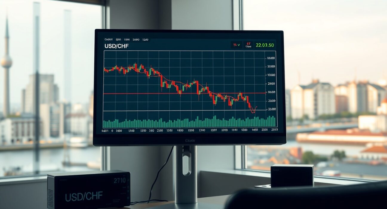 USD/CHF forex chart showing decline following US-Iran ceasefire news on a trading desk in Zurich.