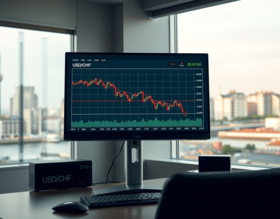 USD/CHF forex chart showing decline following US-Iran ceasefire news on a trading desk in Zurich.