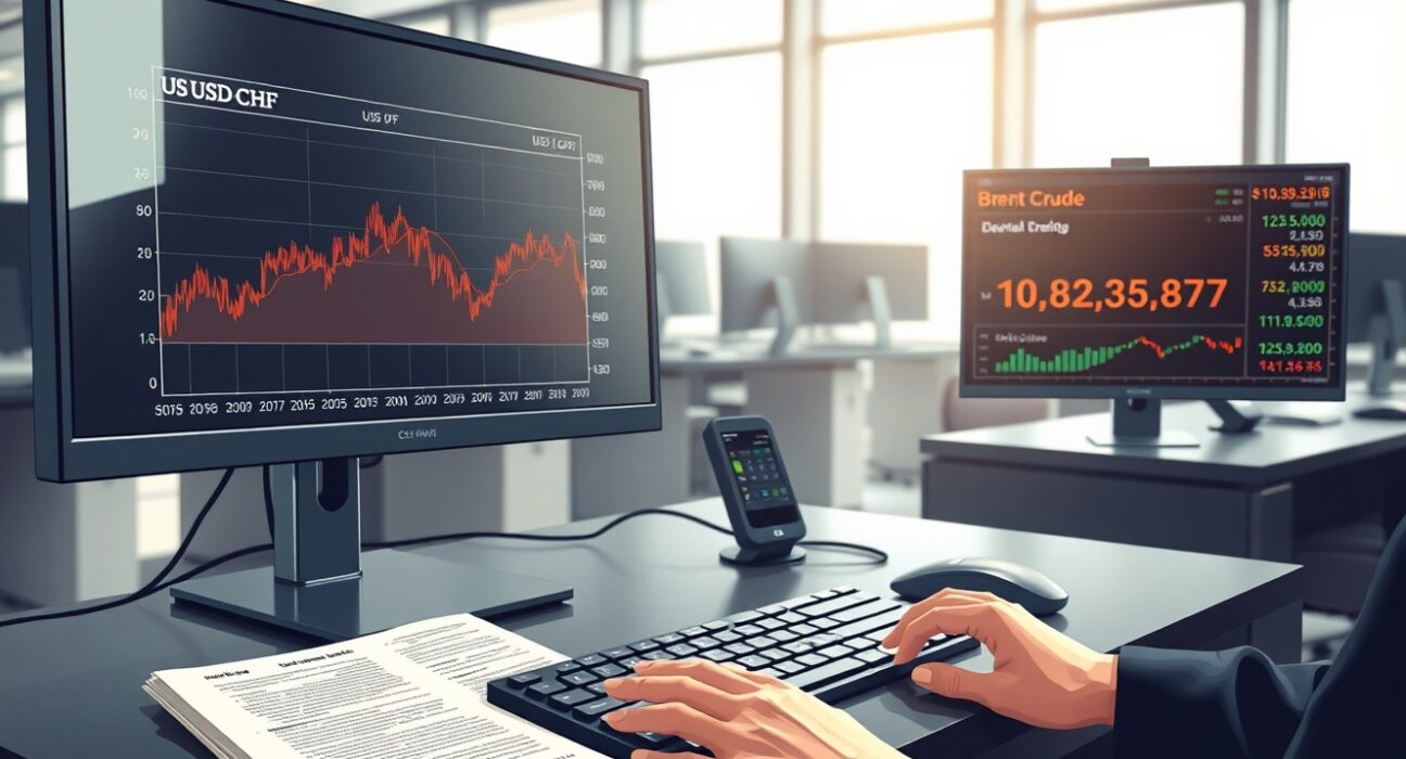 Professional trading desk analyzing USD/CHF exchange rate stability amid Federal Reserve policy and oil market influences