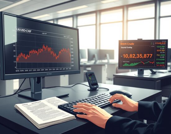 Professional trading desk analyzing USD/CHF exchange rate stability amid Federal Reserve policy and oil market influences