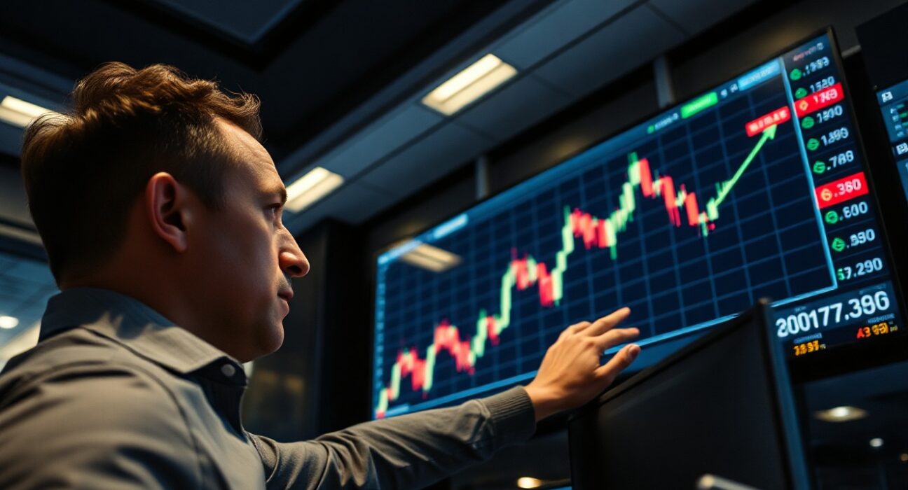 Financial analyst monitoring USD/CHF forex chart with upward trend above 0.7900 on trading floor screens.