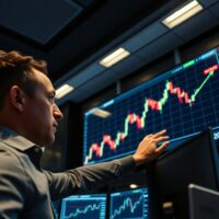 Financial analyst monitoring USD/CHF forex chart with upward trend above 0.7900 on trading floor screens.