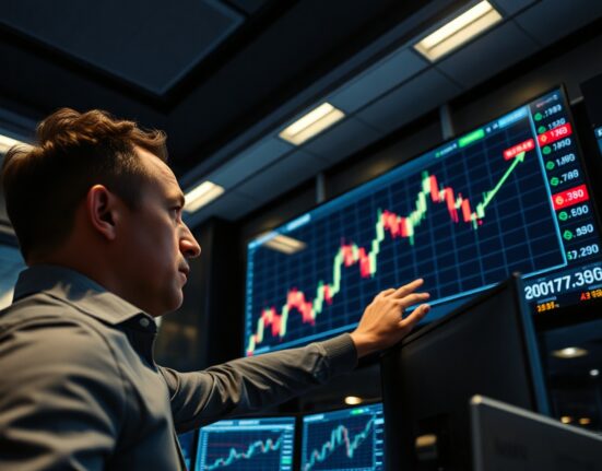 Financial analyst monitoring USD/CHF forex chart with upward trend above 0.7900 on trading floor screens.