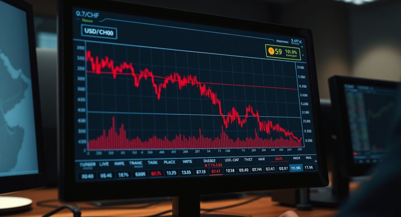 Forex trading chart showing the USD/CHF exchange rate falling amid US-Iran geopolitical uncertainty.
