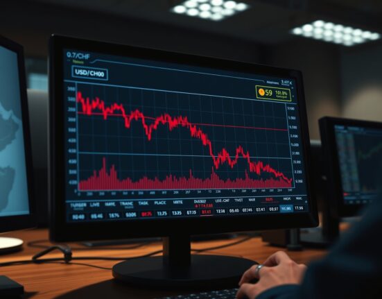 Forex trading chart showing the USD/CHF exchange rate falling amid US-Iran geopolitical uncertainty.