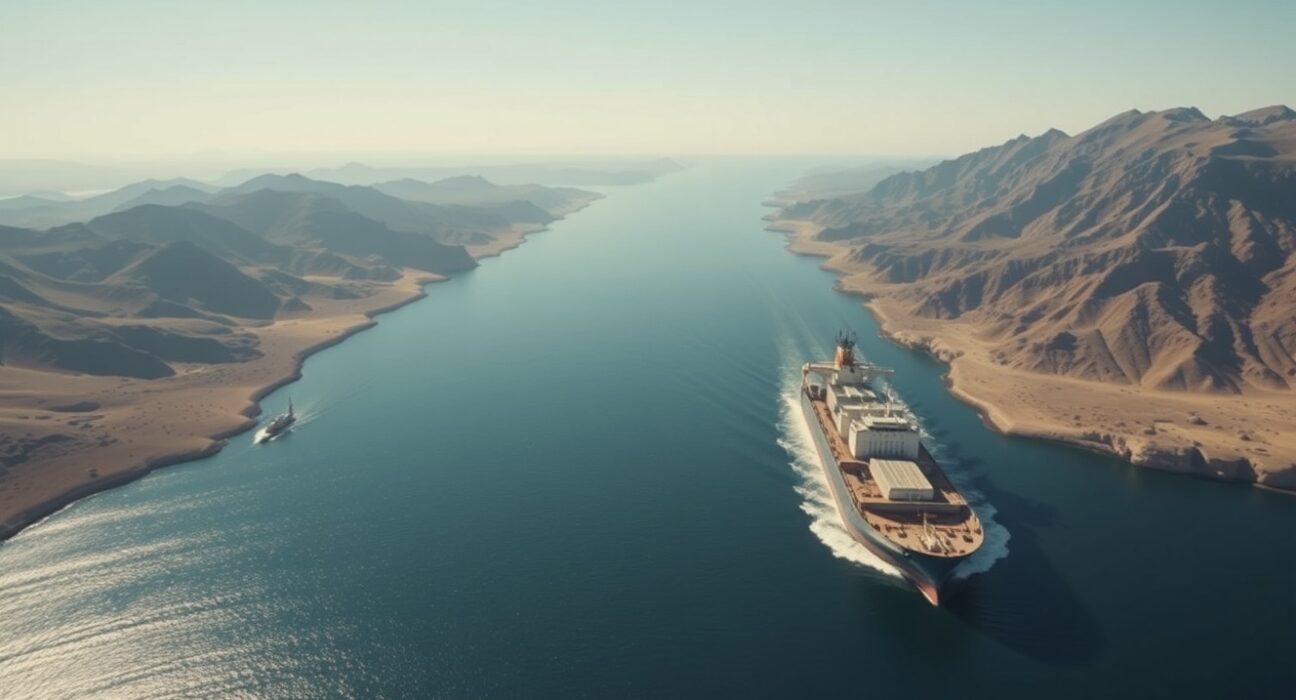 Oil tanker navigating the strategic Strait of Hormuz following Iran's declaration.