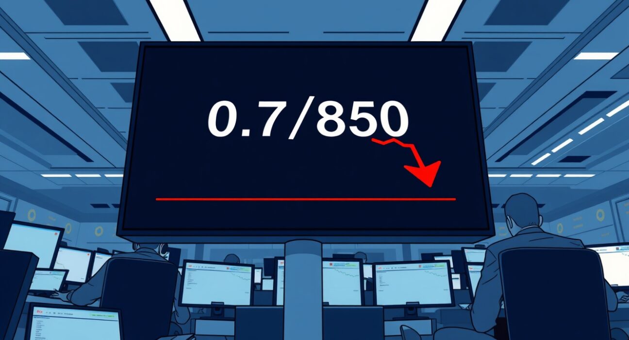 USD/CHF falls to 0.7850 as US Dollar weakens, with a downward red arrow on a trading screen in a Swiss bank.